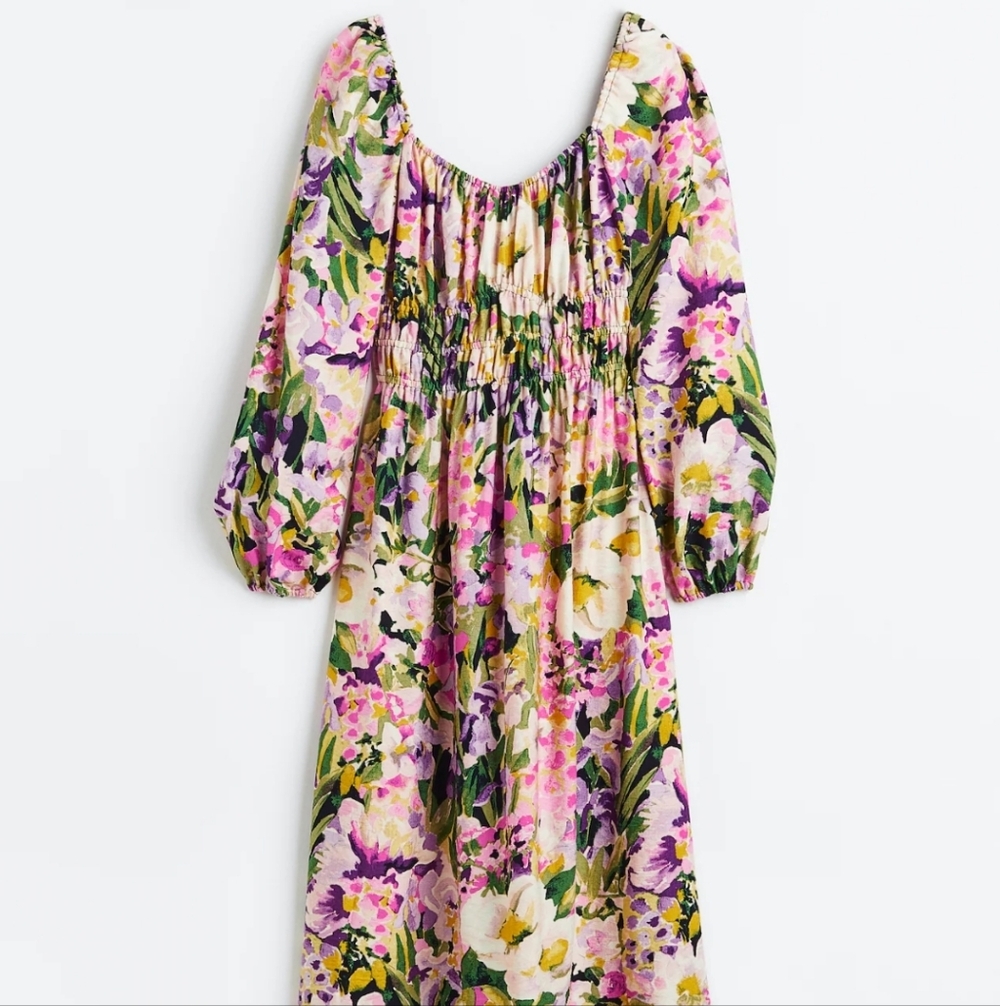 H&M Balloon-sleeved smocked Floral dress Xs